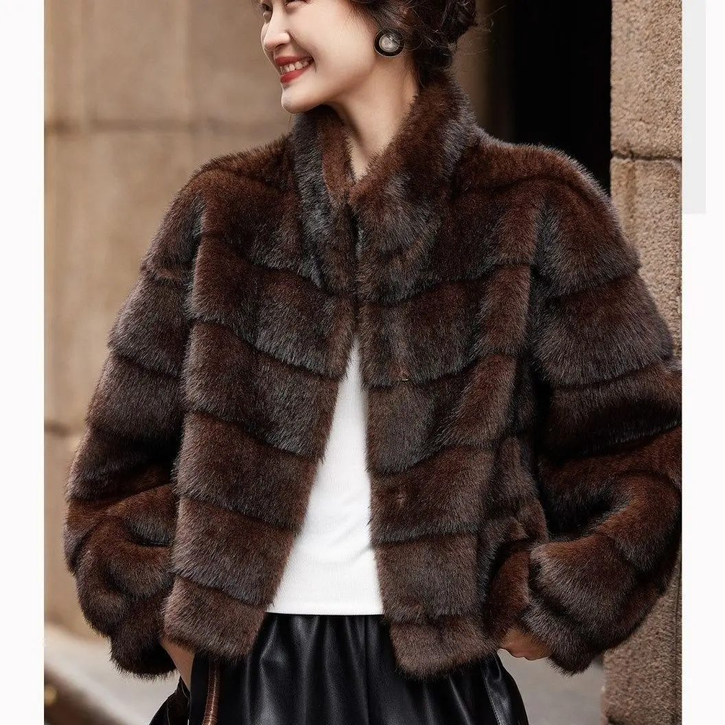 2026 Women Oversized Faux Mink Coat Stand Collar Snap Button Loose Fluffy Long Sleeve Warm Jacket Autumn Winter