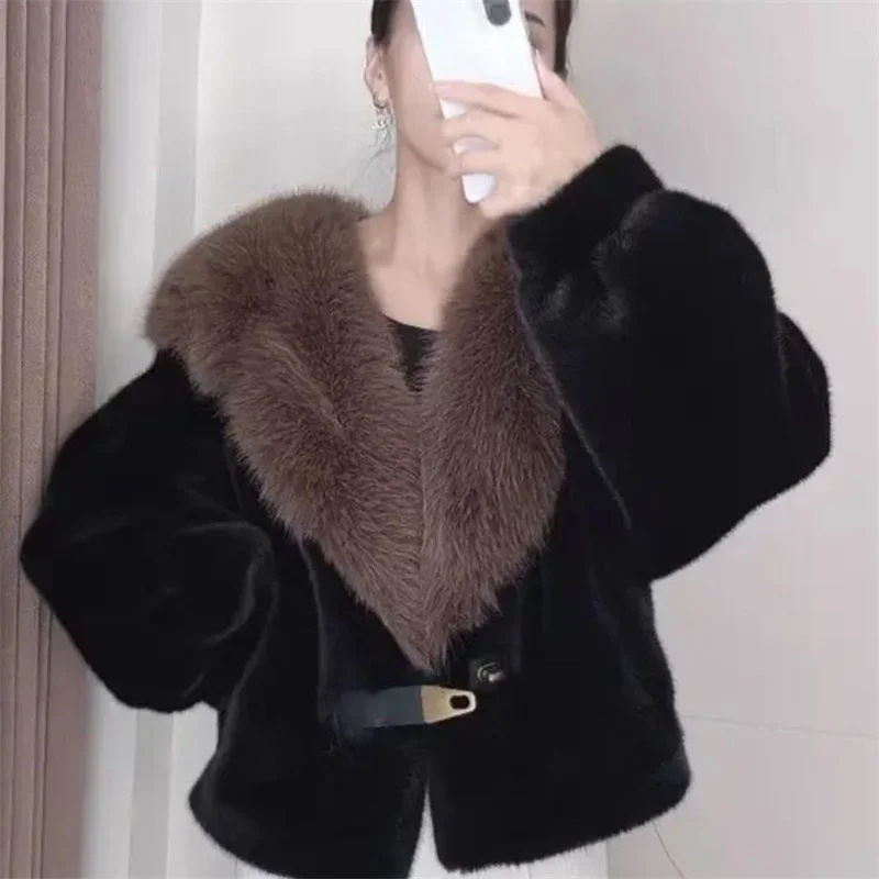 Korean Female Fashion Long Sleeves Fur Jacket Autumn Women High End Leopard Print Mink Faux Fur Coat Winter Ladies Plush Outwear