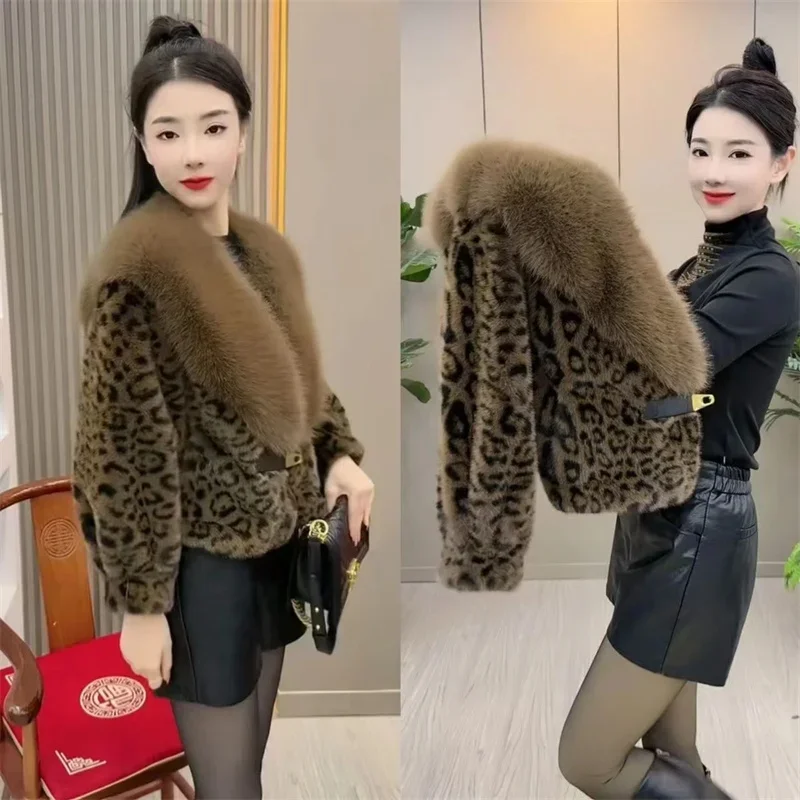 Korean Female Fashion Long Sleeves Fur Jacket Autumn Women High End Leopard Print Mink Faux Fur Coat Winter Ladies Plush Outwear