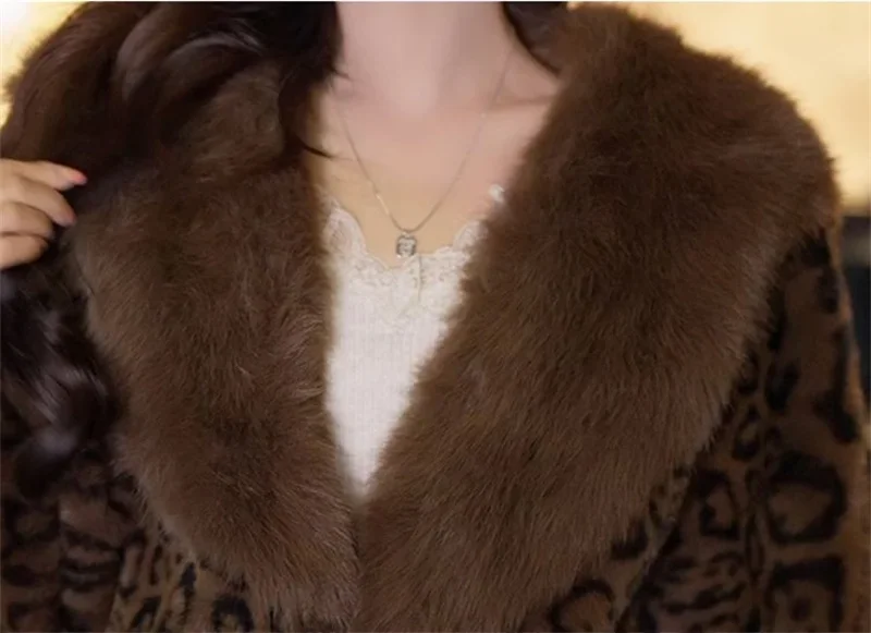 Korean Female Fashion Long Sleeves Fur Jacket Autumn Women High End Leopard Print Mink Faux Fur Coat Winter Ladies Plush Outwear