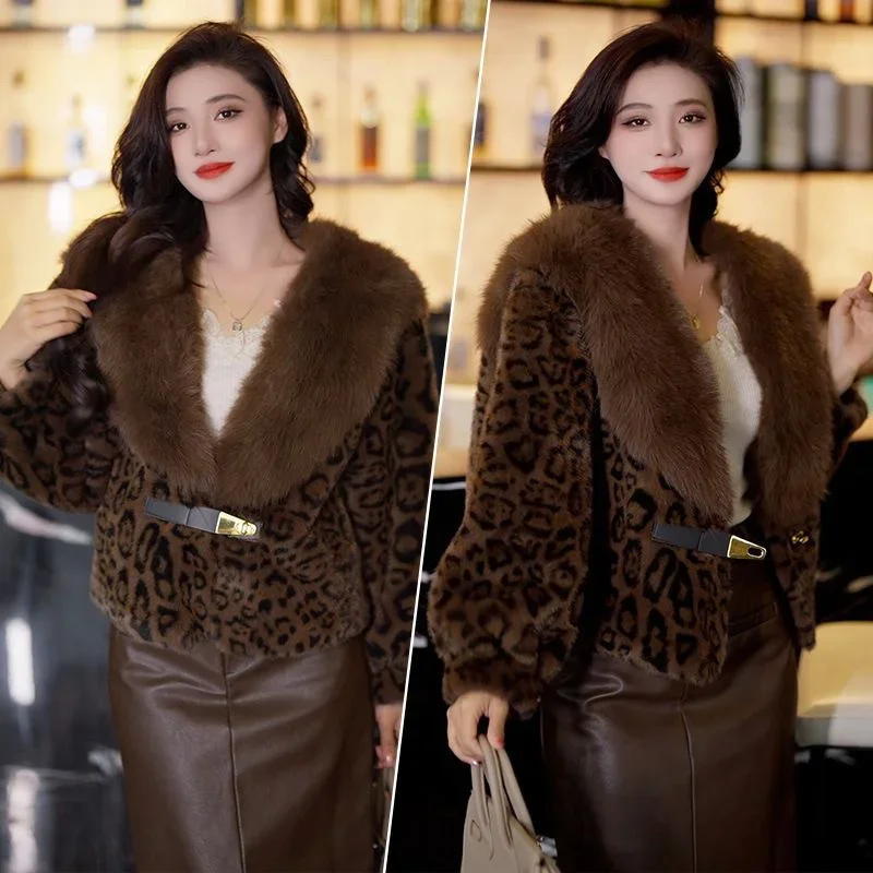 Korean Female Fashion Long Sleeves Fur Jacket Autumn Women High End Leopard Print Mink Faux Fur Coat Winter Ladies Plush Outwear