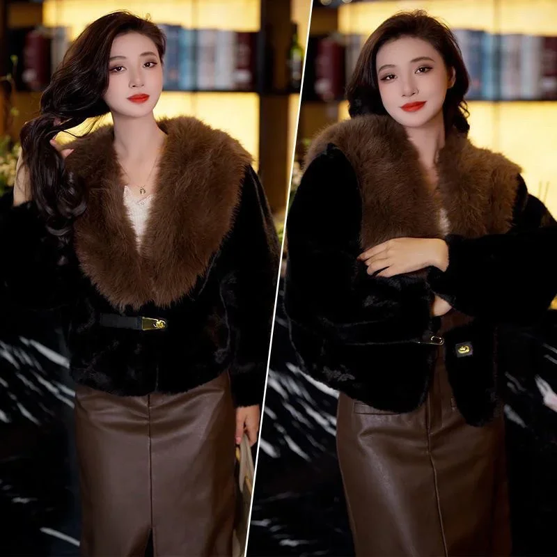 Korean Female Fashion Long Sleeves Fur Jacket Autumn Women High End Leopard Print Mink Faux Fur Coat Winter Ladies Plush Outwear