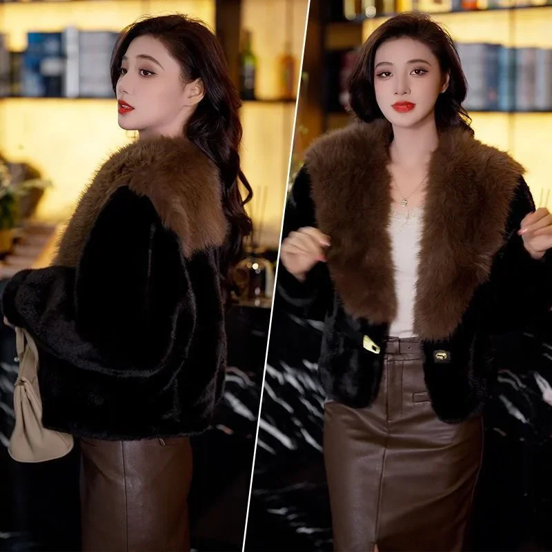 Korean Female Fashion Long Sleeves Fur Jacket Autumn Women High End Leopard Print Mink Faux Fur Coat Winter Ladies Plush Outwear