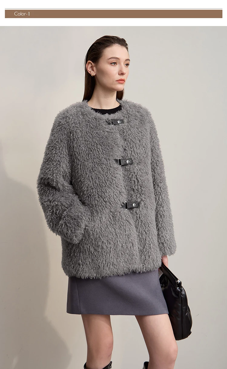 AMII Fur Coat Woman 2026 Winter New Round Neck Loose Long Sleeves Ladies Clothing Leather Button Warm Women's Fur Coat 12524008