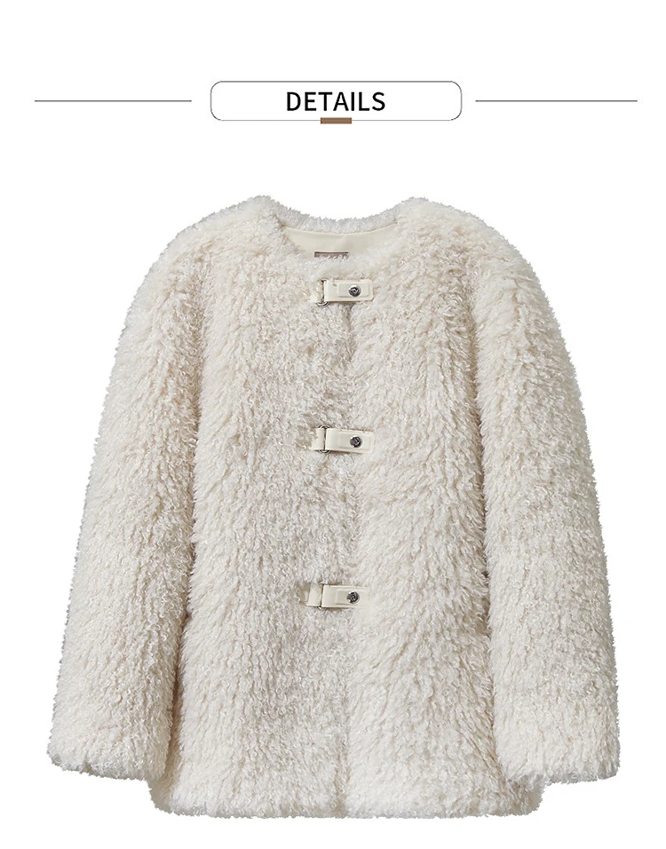 AMII Fur Coat Woman 2026 Winter New Round Neck Loose Long Sleeves Ladies Clothing Leather Button Warm Women's Fur Coat 12524008
