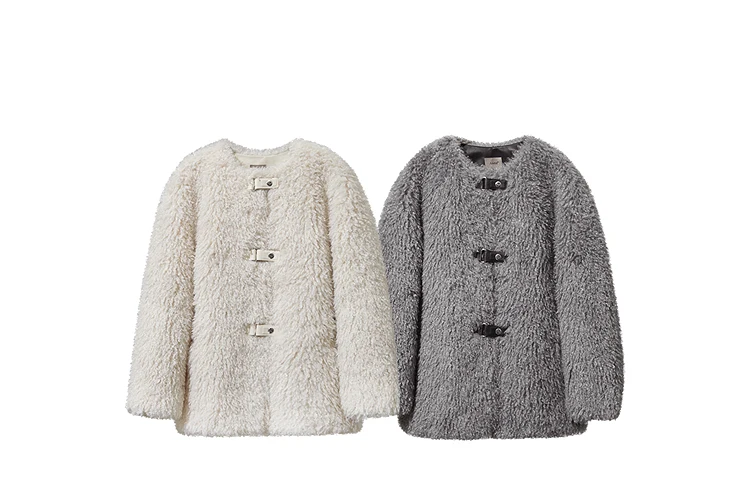 AMII Fur Coat Woman 2026 Winter New Round Neck Loose Long Sleeves Ladies Clothing Leather Button Warm Women's Fur Coat 12524008