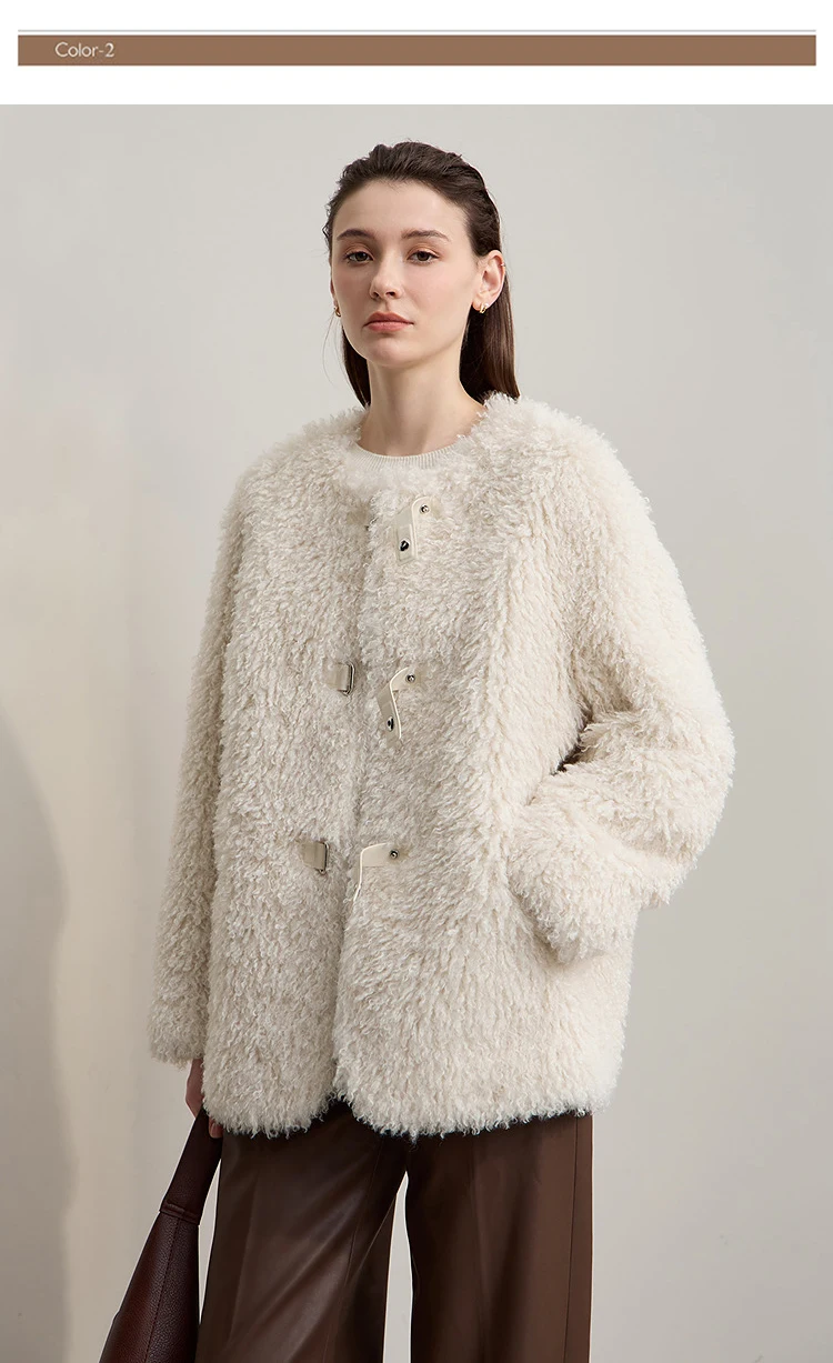 AMII Fur Coat Woman 2026 Winter New Round Neck Loose Long Sleeves Ladies Clothing Leather Button Warm Women's Fur Coat 12524008