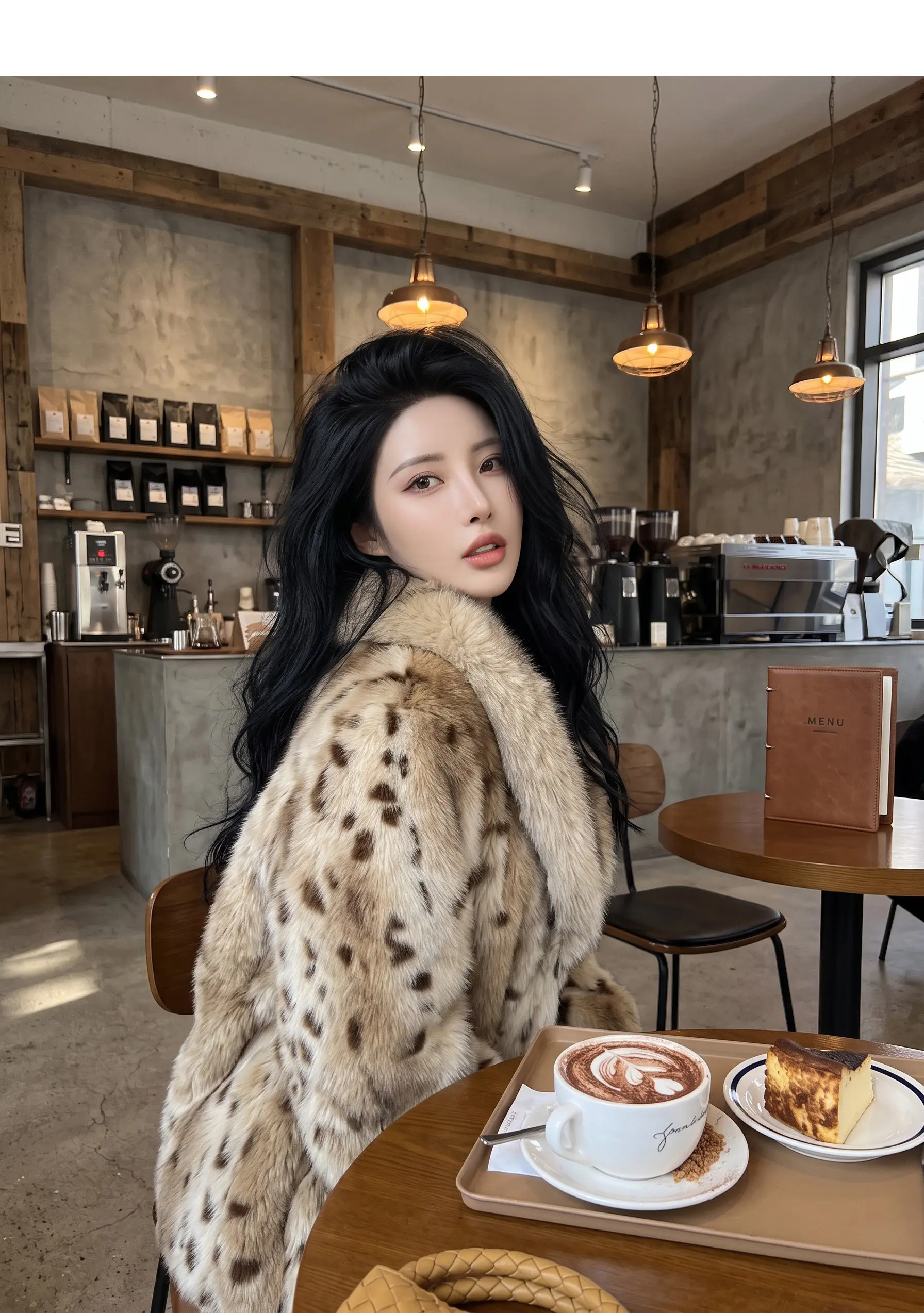 Autumn Winter Women Lapel Collar Leopard Faux Mink Fur Coat Adjustable Rope Waist Long Sleeve Warm Jacket Outerwear