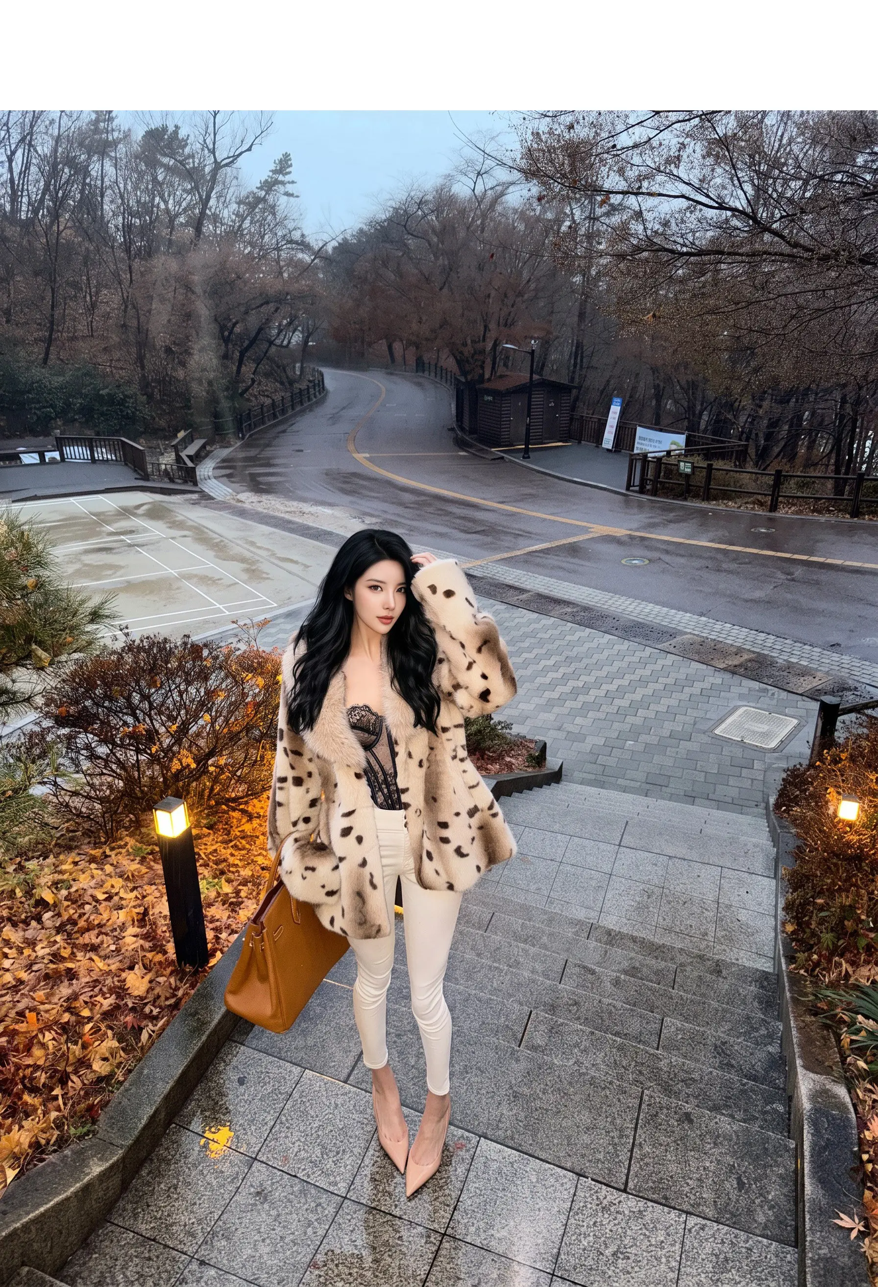Autumn Winter Women Lapel Collar Leopard Faux Mink Fur Coat Adjustable Rope Waist Long Sleeve Warm Jacket Outerwear