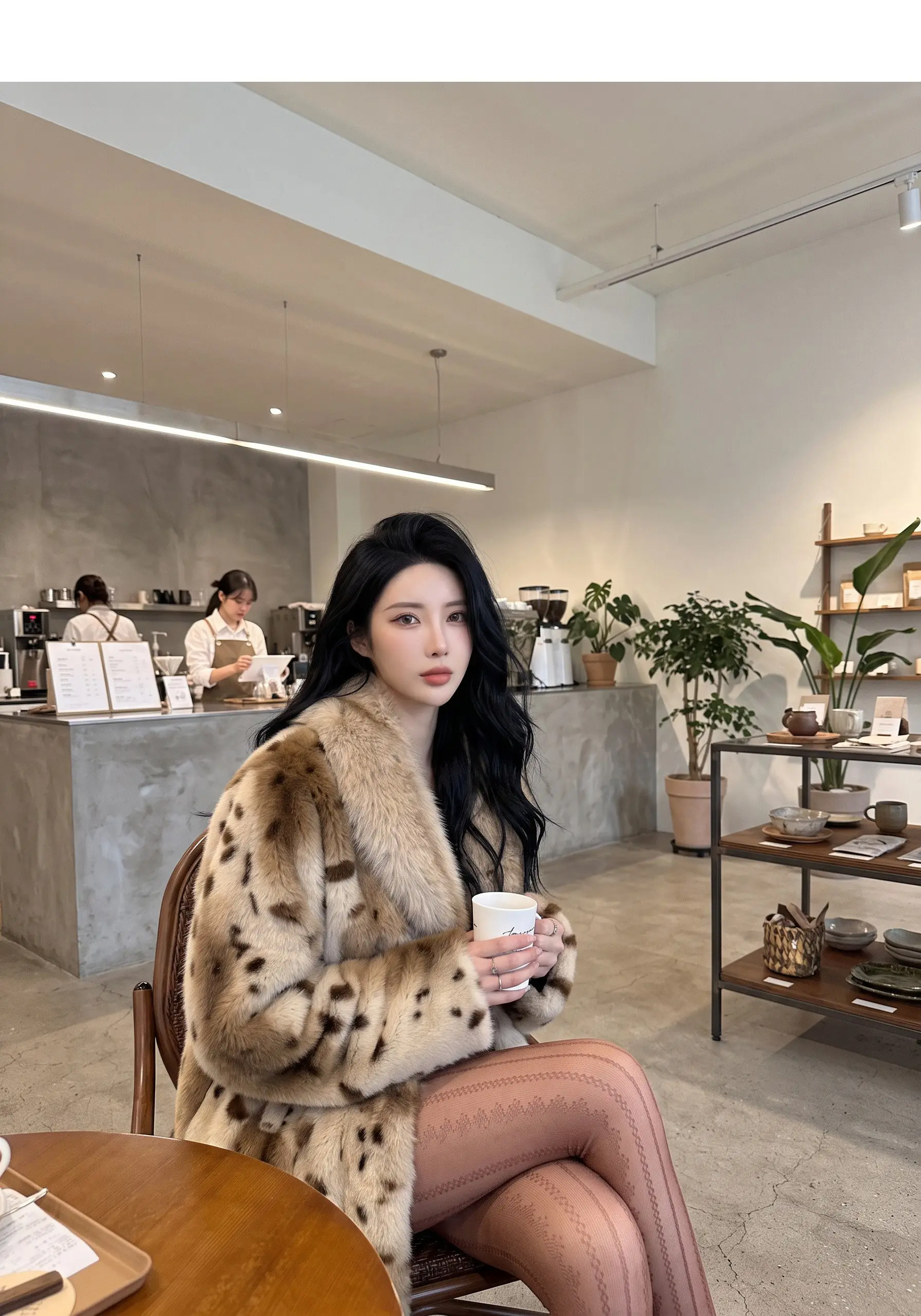 Autumn Winter Women Lapel Collar Leopard Faux Mink Fur Coat Adjustable Rope Waist Long Sleeve Warm Jacket Outerwear