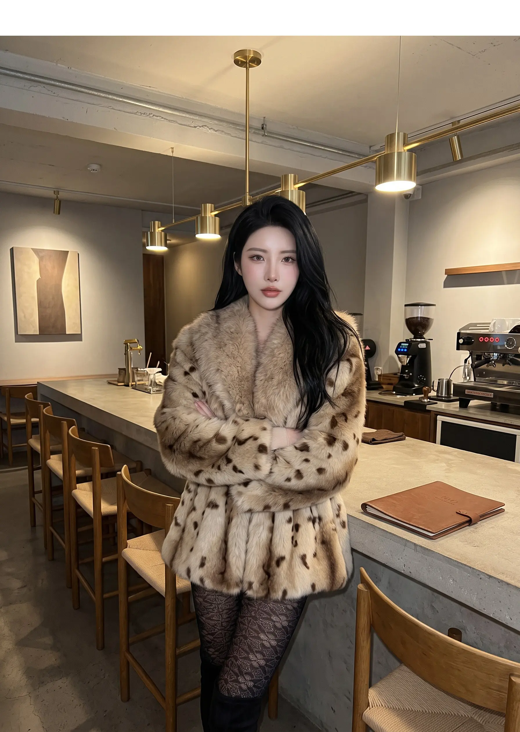 Autumn Winter Women Lapel Collar Leopard Faux Mink Fur Coat Adjustable Rope Waist Long Sleeve Warm Jacket Outerwear