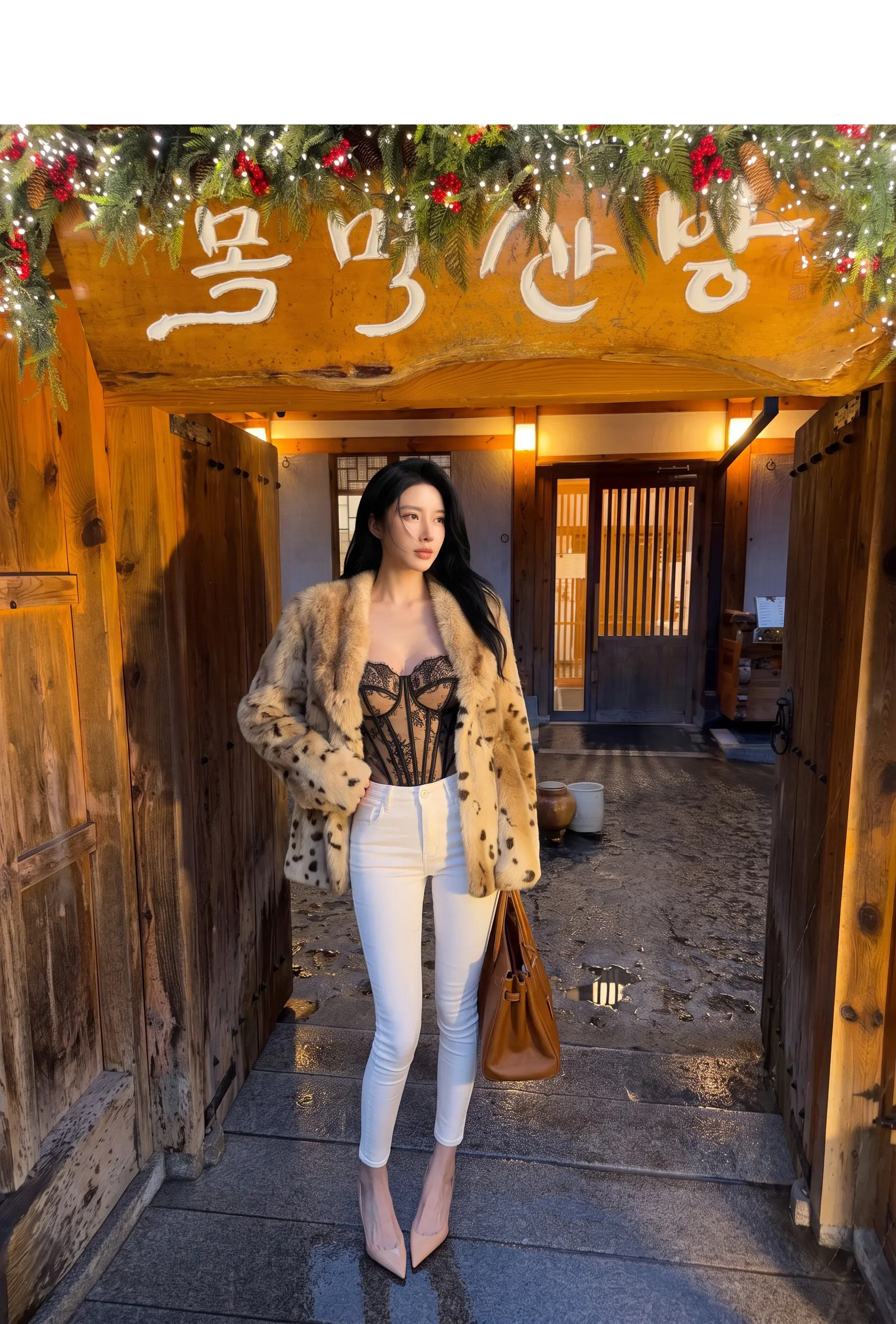 Autumn Winter Women Lapel Collar Leopard Faux Mink Fur Coat Adjustable Rope Waist Long Sleeve Warm Jacket Outerwear