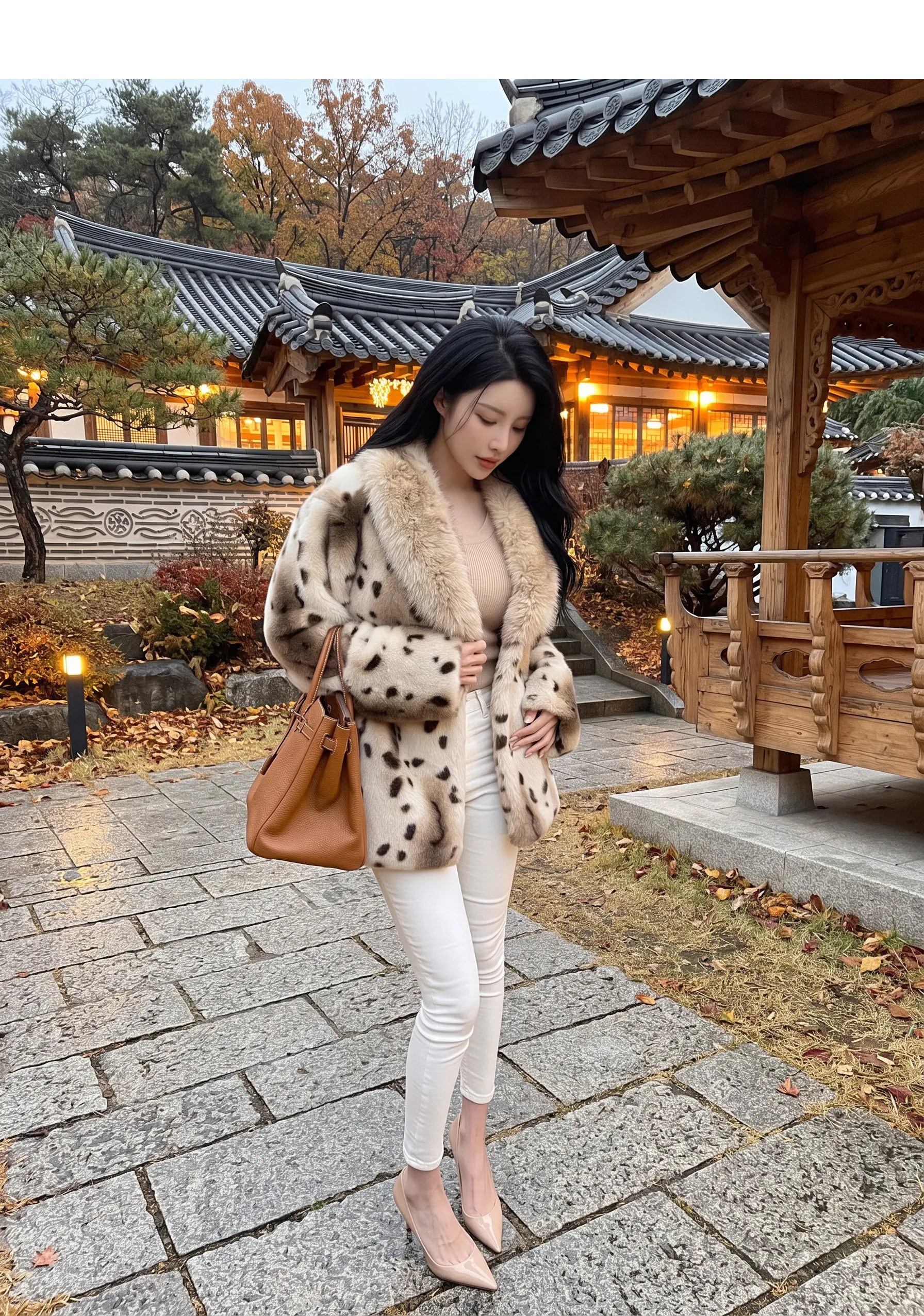 Autumn Winter Women Lapel Collar Leopard Faux Mink Fur Coat Adjustable Rope Waist Long Sleeve Warm Jacket Outerwear