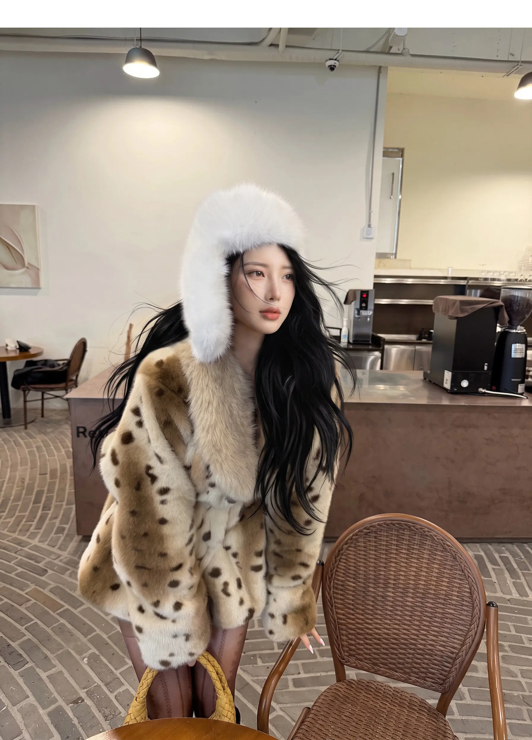 Autumn Winter Women Lapel Collar Leopard Faux Mink Fur Coat Adjustable Rope Waist Long Sleeve Warm Jacket Outerwear