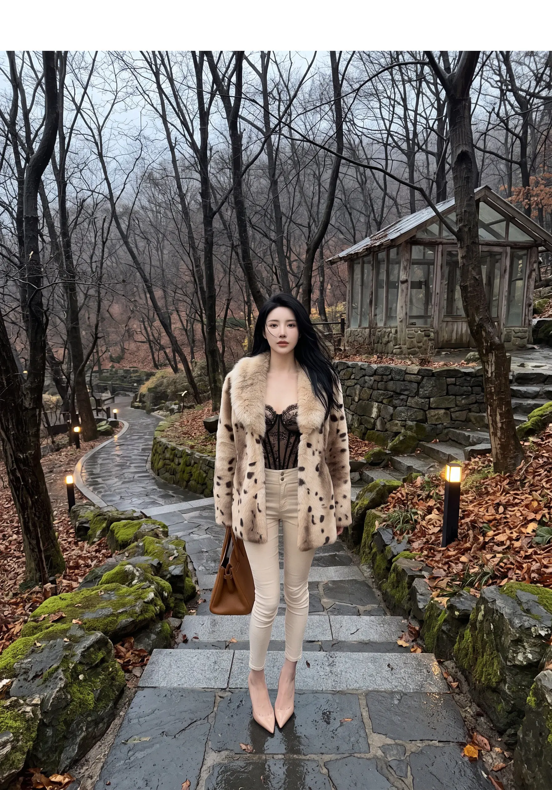 Autumn Winter Women Lapel Collar Leopard Faux Mink Fur Coat Adjustable Rope Waist Long Sleeve Warm Jacket Outerwear