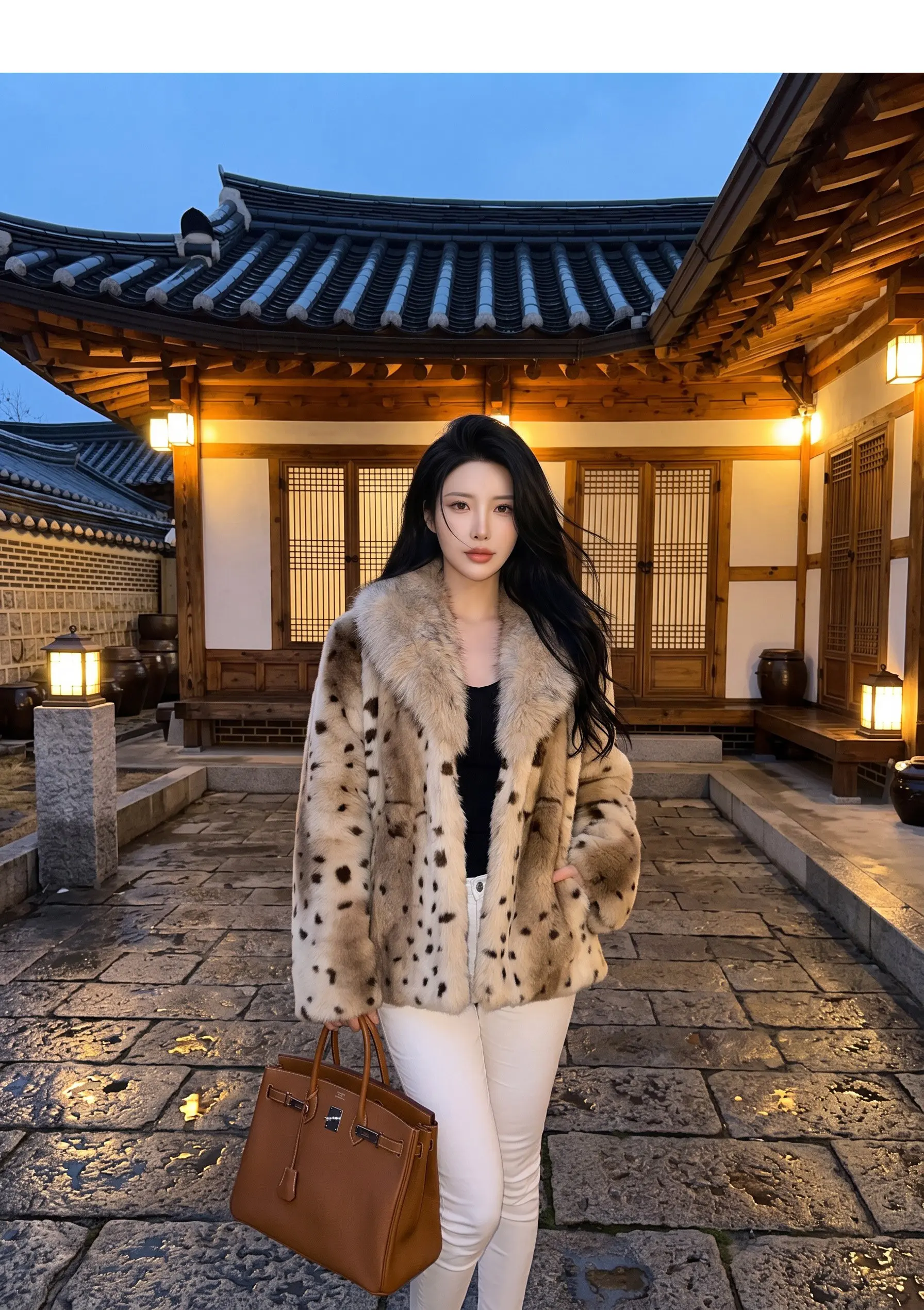 Autumn Winter Women Lapel Collar Leopard Faux Mink Fur Coat Adjustable Rope Waist Long Sleeve Warm Jacket Outerwear