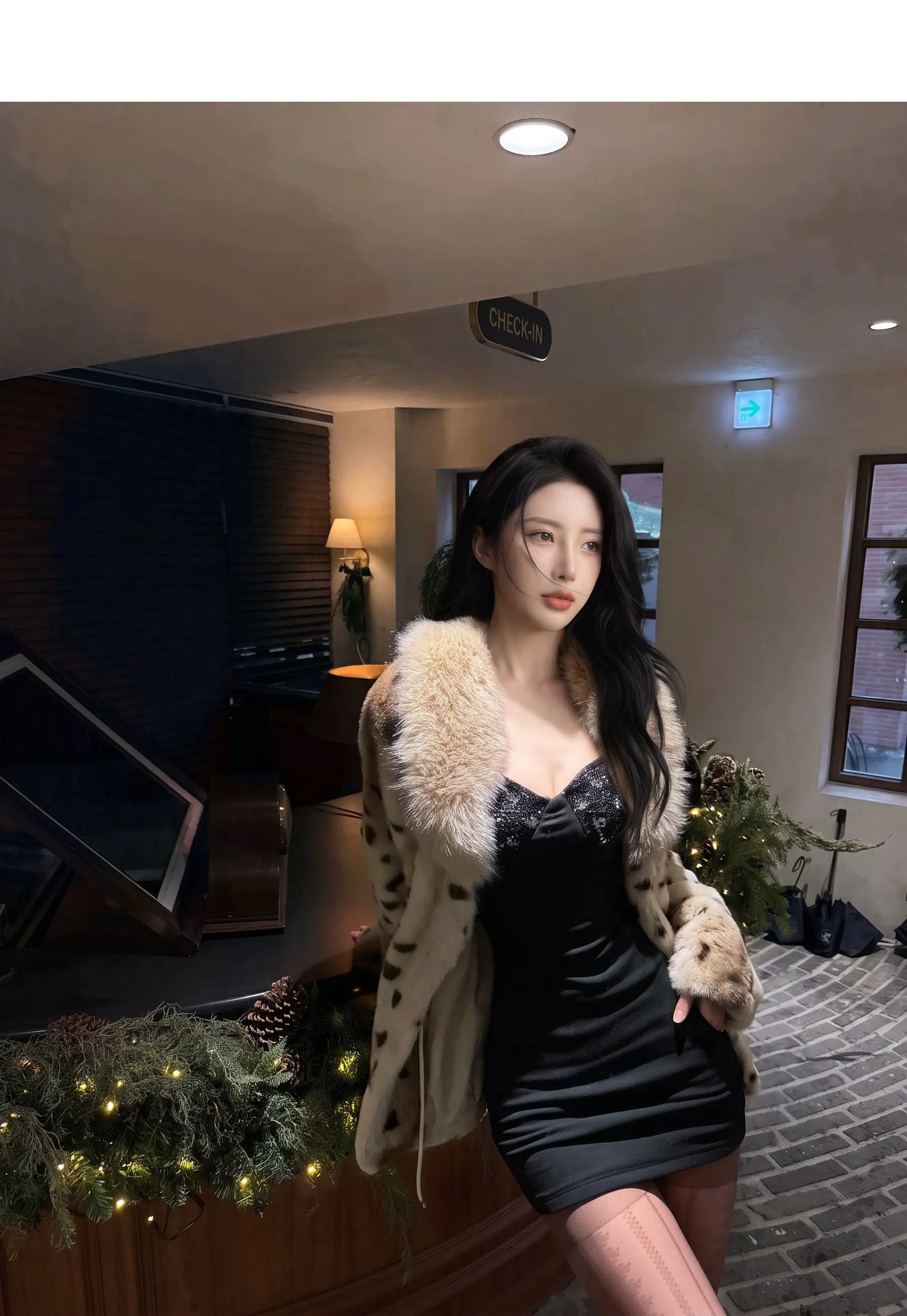 Autumn Winter Women Lapel Collar Leopard Faux Mink Fur Coat Adjustable Rope Waist Long Sleeve Warm Jacket Outerwear