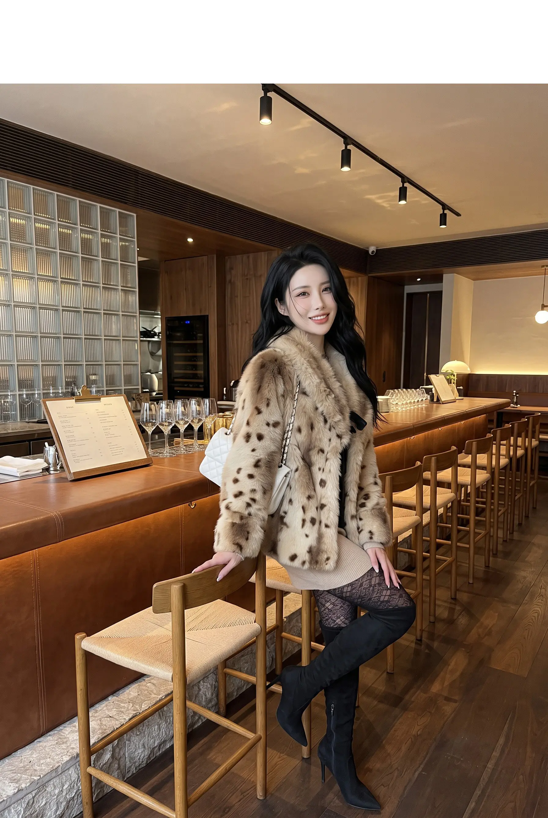 Autumn Winter Women Lapel Collar Leopard Faux Mink Fur Coat Adjustable Rope Waist Long Sleeve Warm Jacket Outerwear