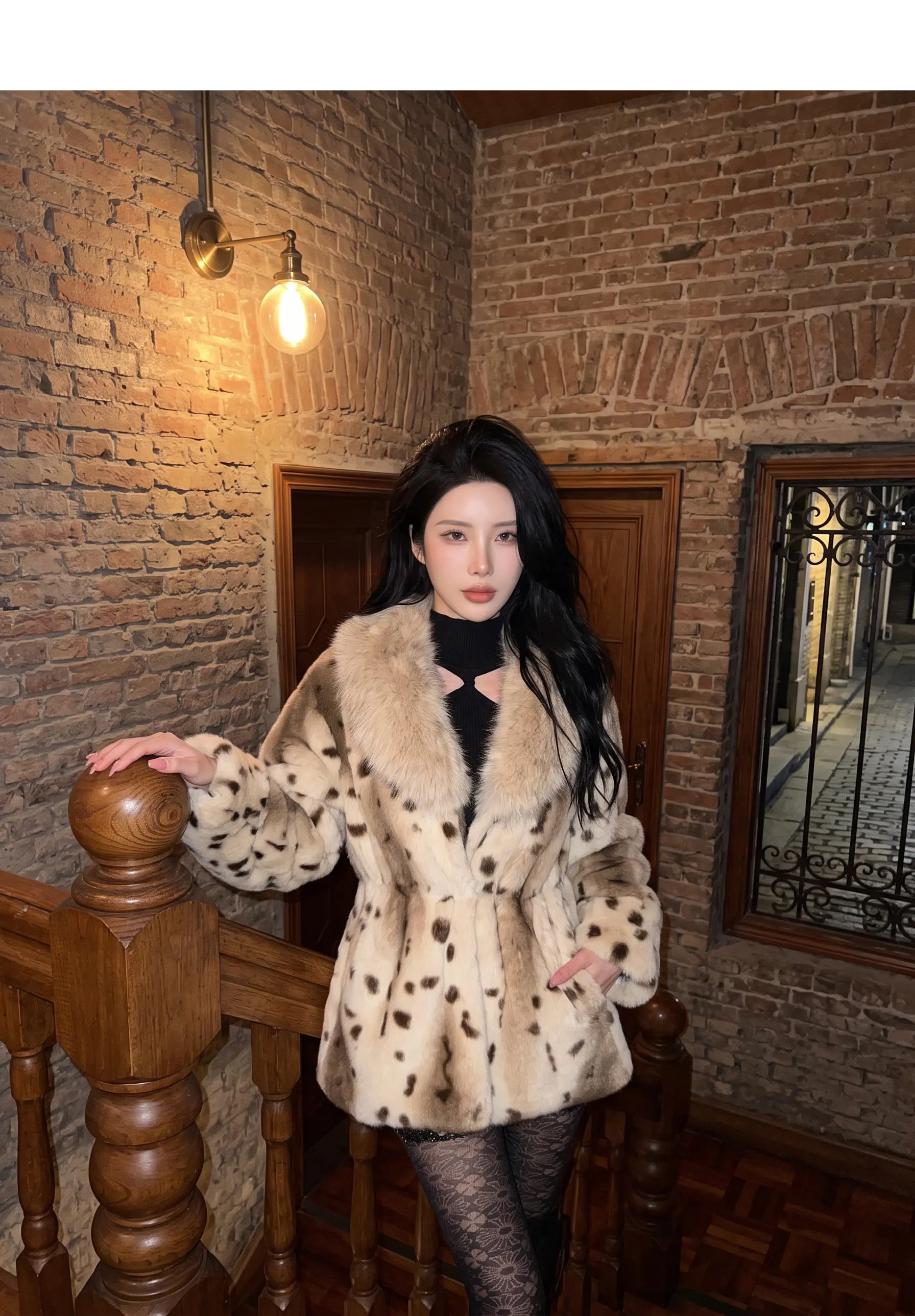 Autumn Winter Women Lapel Collar Leopard Faux Mink Fur Coat Adjustable Rope Waist Long Sleeve Warm Jacket Outerwear