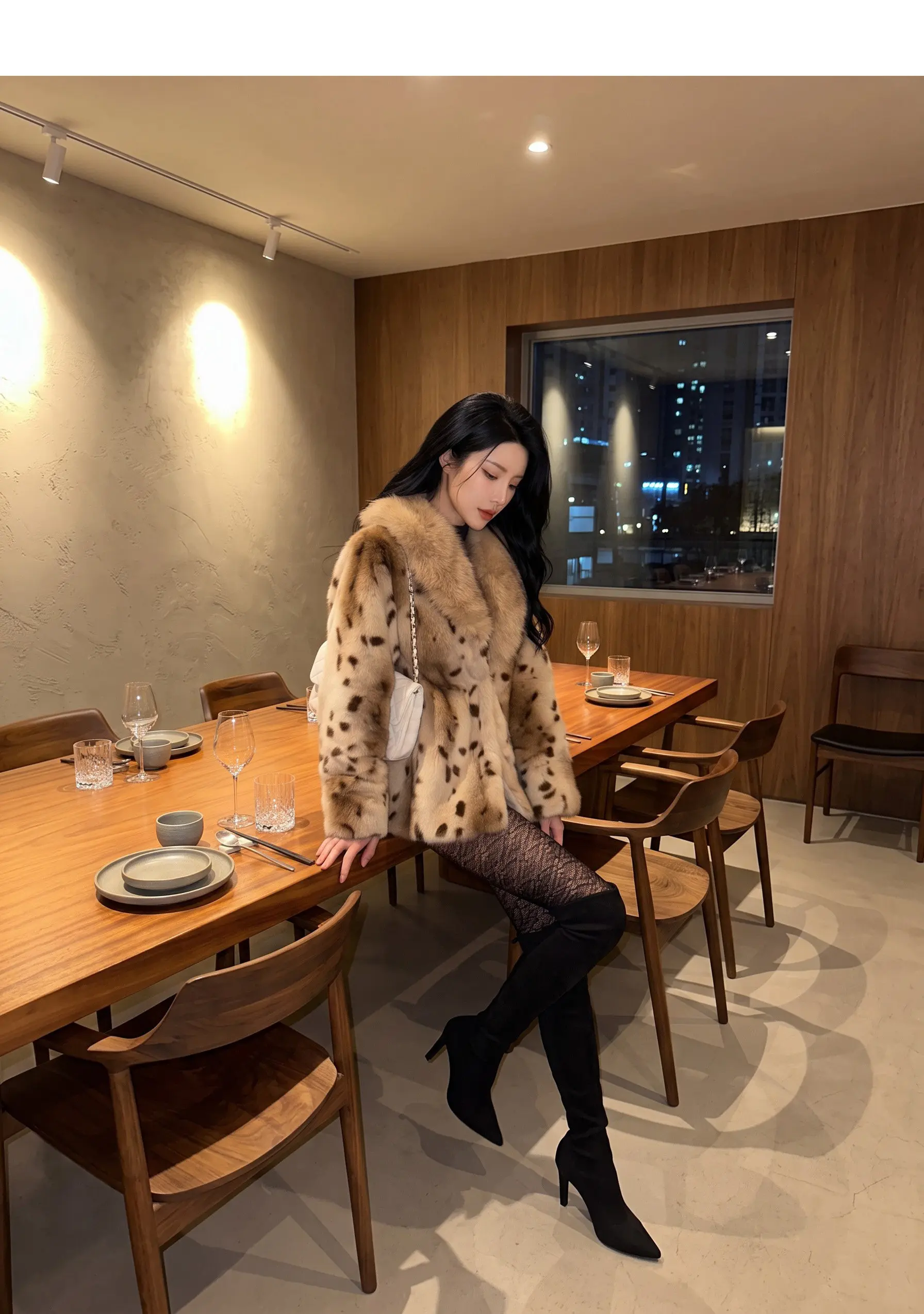 Autumn Winter Women Lapel Collar Leopard Faux Mink Fur Coat Adjustable Rope Waist Long Sleeve Warm Jacket Outerwear