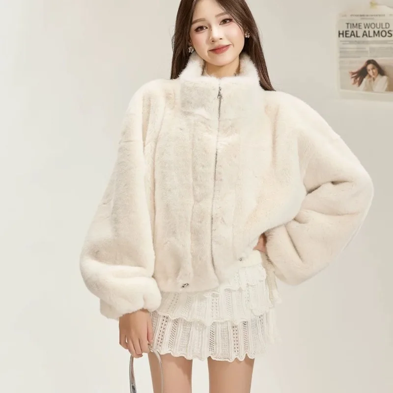 Women Casual Faux Fur Coat Stand Collar Zip Up Long Sleeve Oversized Fluffy Warm Trendy Cropped Jacket Fall Winter