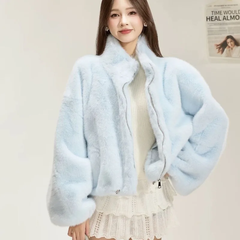 Women Casual Faux Fur Coat Stand Collar Zip Up Long Sleeve Oversized Fluffy Warm Trendy Cropped Jacket Fall Winter