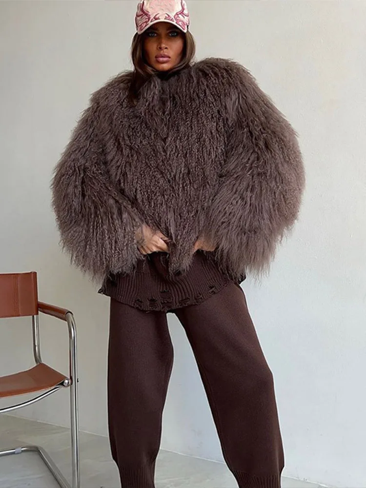 DEAT Fashion Brown Faux Fur Coat Women's Round Neck Loose Long Sleeves Thick Plush Short Jacket Winter New 7A1041