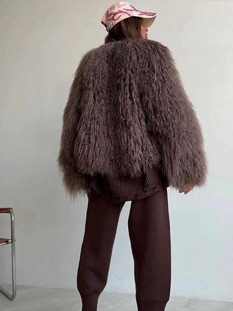 DEAT Fashion Brown Faux Fur Coat Women's Round Neck Loose Long Sleeves Thick Plush Short Jacket Winter New 7A1041