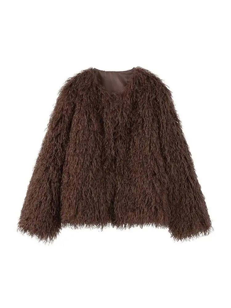 DEAT Fashion Brown Faux Fur Coat Women's Round Neck Loose Long Sleeves Thick Plush Short Jacket Winter New 7A1041