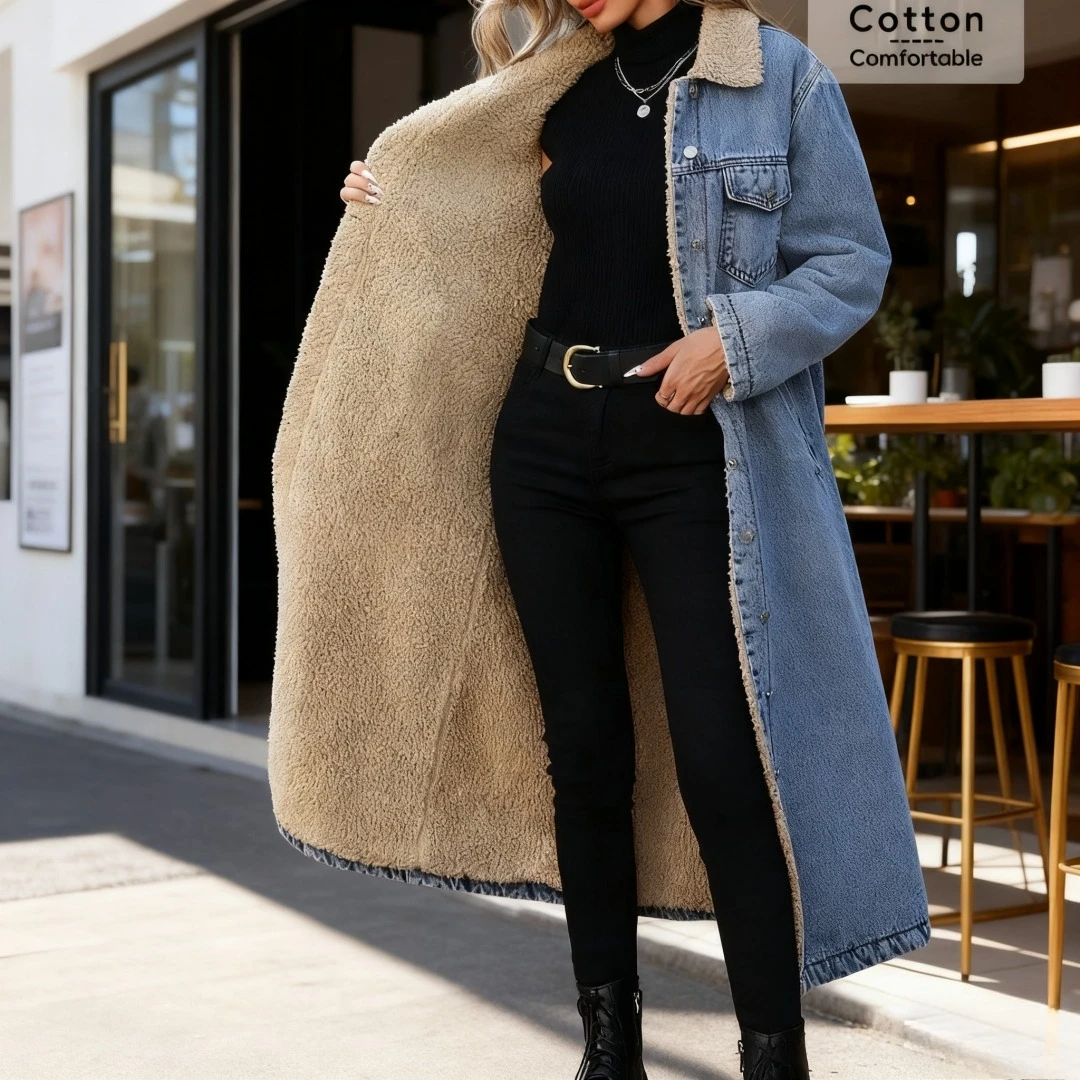 Women Faux Fur Mid Length Coats Jackets Turn Down Collar Coat Thick Denim Y2k Streetwear Jacket Elegant Outerwear Autumn Winter