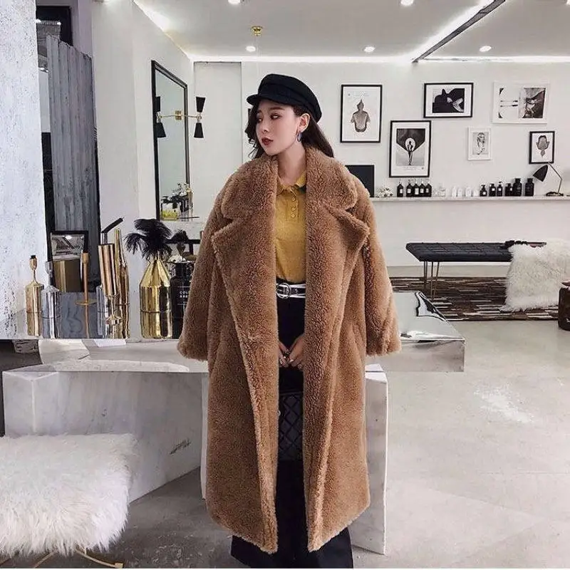 Faux Fur Coats Women Lamb Wool Long Coat Thick Warm Elegant Maxi Turn Down Collar Spring Outerwear Autumn Winter Jackets
