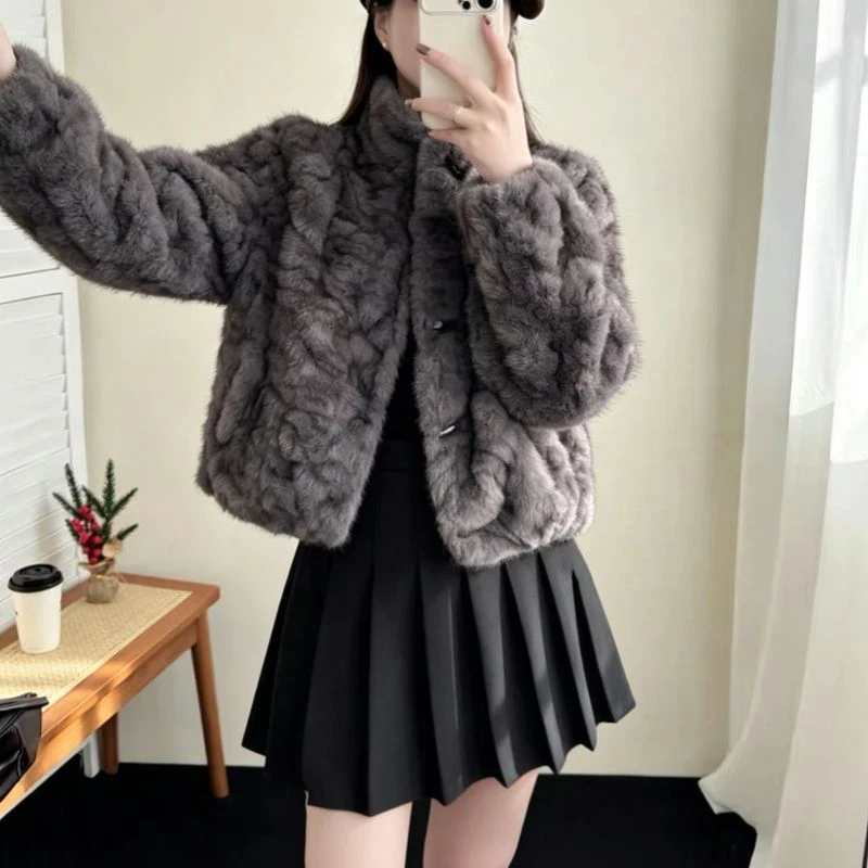 Luxury Women Faux Shearling Jacket Toggle Buttons Stand Collar Coat Fluffy Fleece Winter Warm Retro Preppy Outerwear Top