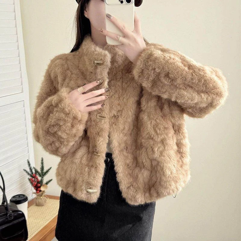 Luxury Women Faux Shearling Jacket Toggle Buttons Stand Collar Coat Fluffy Fleece Winter Warm Retro Preppy Outerwear Top