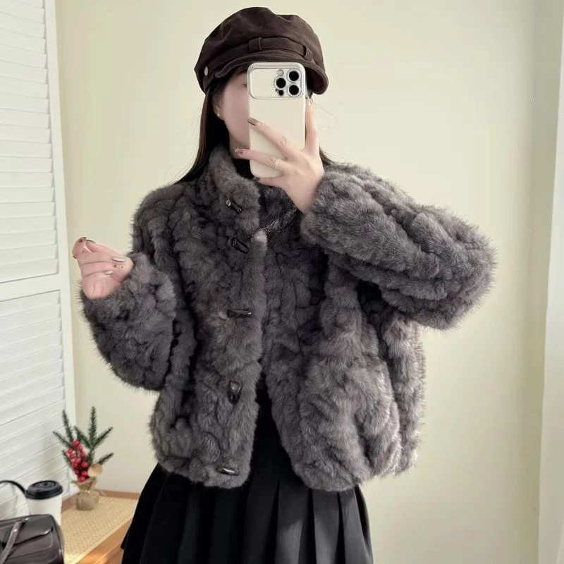 Luxury Women Faux Shearling Jacket Toggle Buttons Stand Collar Coat Fluffy Fleece Winter Warm Retro Preppy Outerwear Top