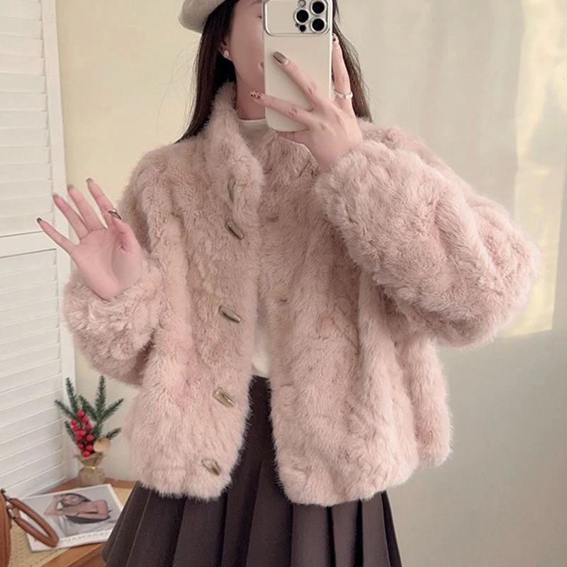 Luxury Women Faux Shearling Jacket Toggle Buttons Stand Collar Coat Fluffy Fleece Winter Warm Retro Preppy Outerwear Top