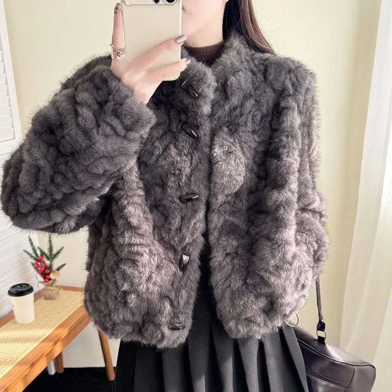 Luxury Women Faux Shearling Jacket Toggle Buttons Stand Collar Coat Fluffy Fleece Winter Warm Retro Preppy Outerwear Top