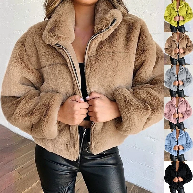 New Faux Rabbit Fur Coat for Women,Zipper Jacket,Turn-down Collar Outwear,Thick,Autumn and Winter,2026