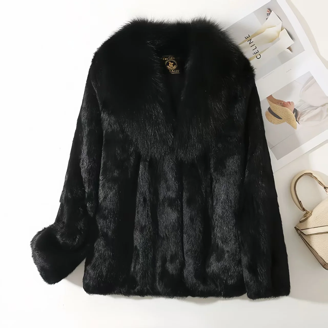Real Rex Rabbit Fur Coat for Women, Autumn Winter Short Jacket Thick Warm New Fox Fur Collar Elegant Female Warm Outerwear