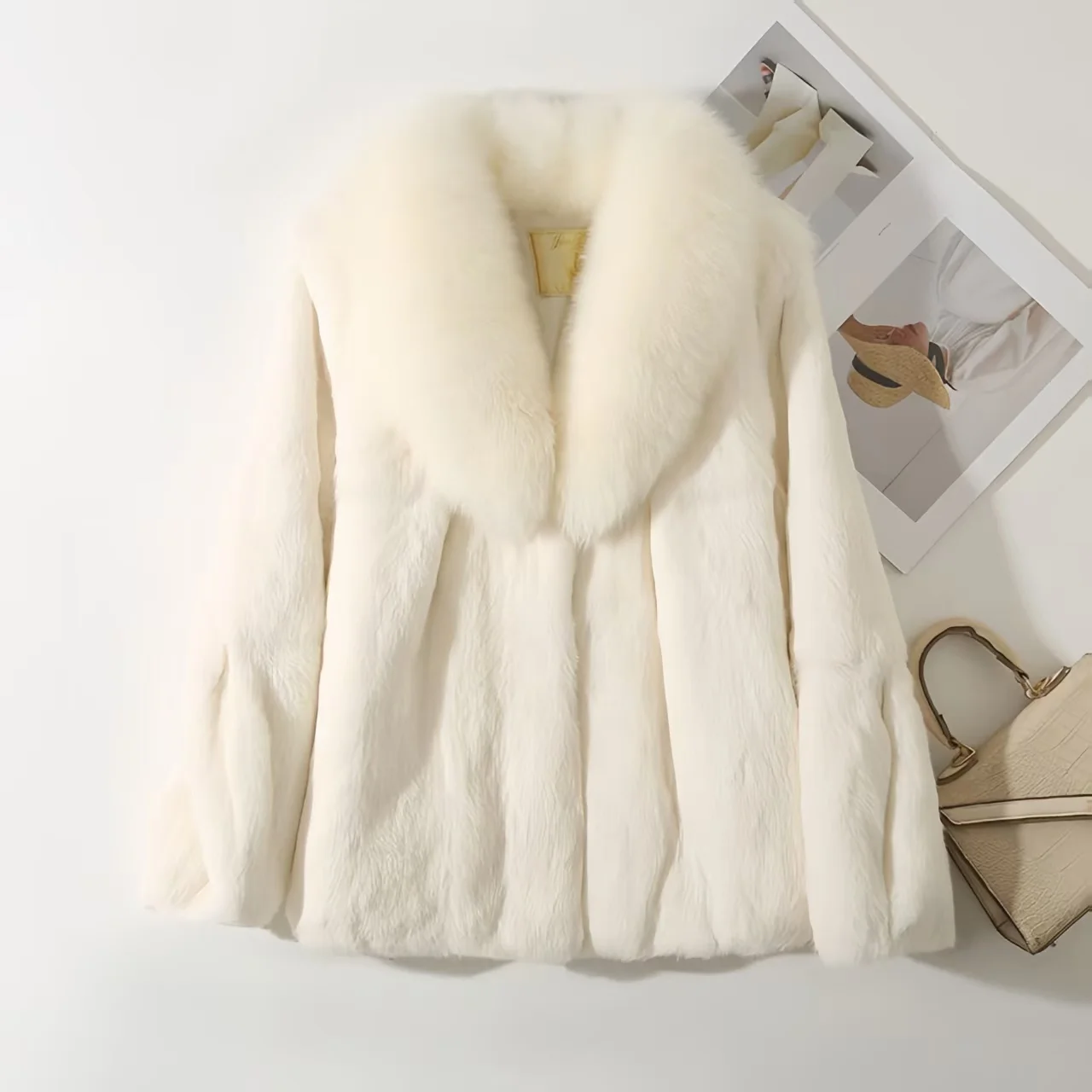 Real Rex Rabbit Fur Coat for Women, Autumn Winter Short Jacket Thick Warm New Fox Fur Collar Elegant Female Warm Outerwear