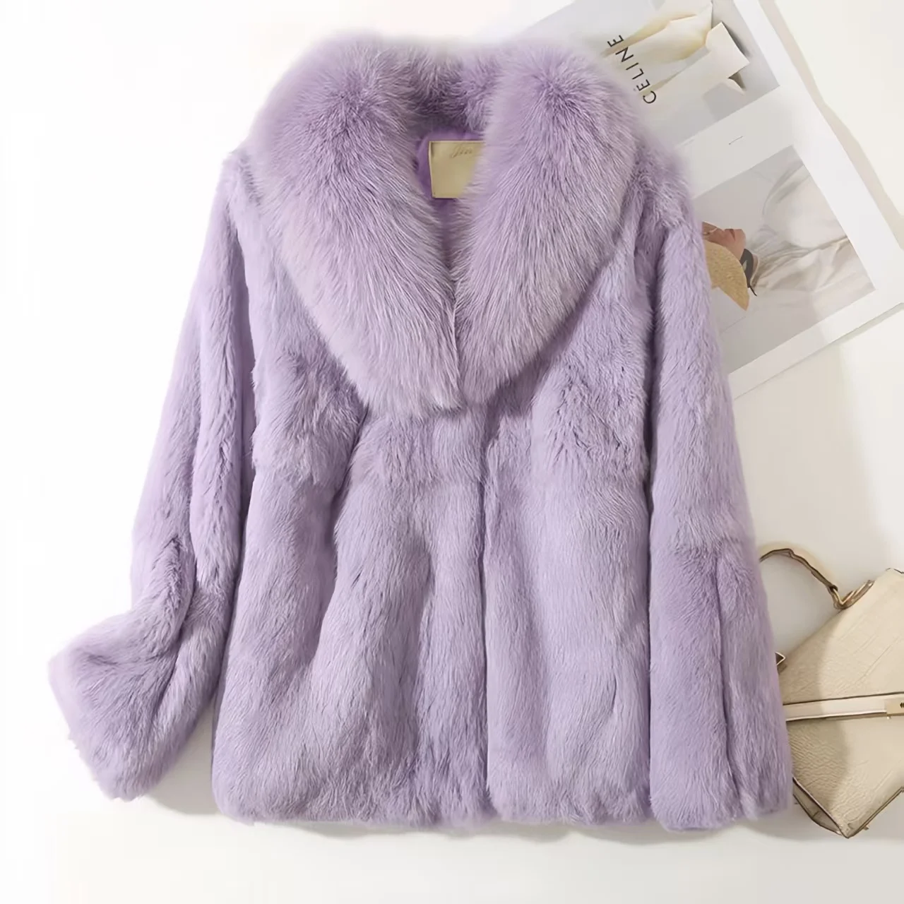 Real Rex Rabbit Fur Coat for Women, Autumn Winter Short Jacket Thick Warm New Fox Fur Collar Elegant Female Warm Outerwear