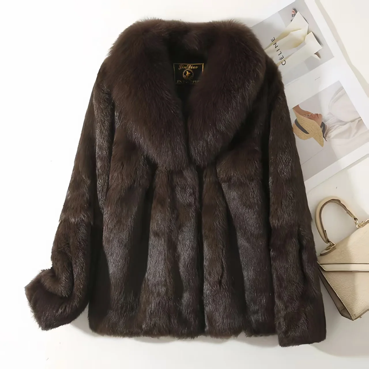Real Rex Rabbit Fur Coat for Women, Autumn Winter Short Jacket Thick Warm New Fox Fur Collar Elegant Female Warm Outerwear