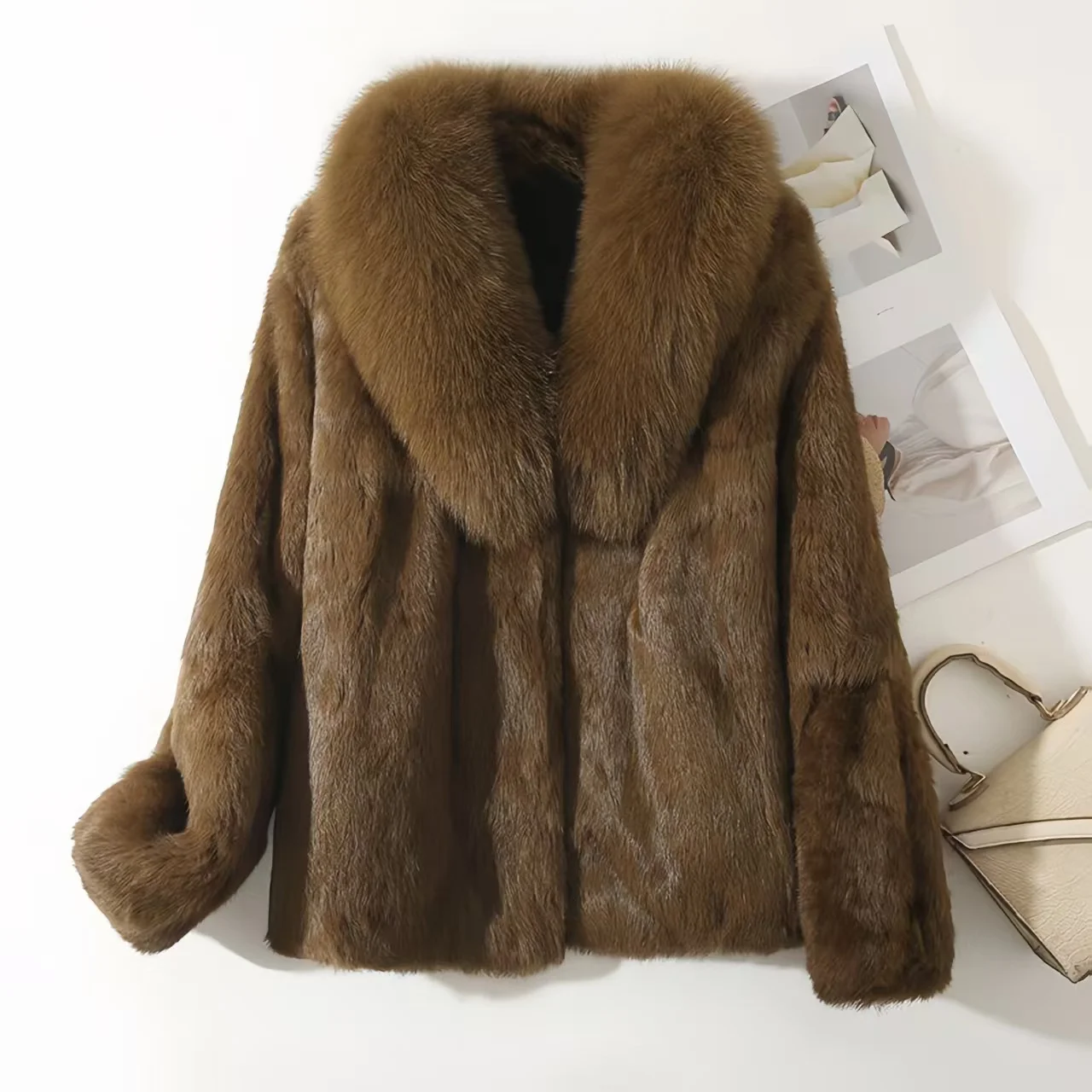 Real Rex Rabbit Fur Coat for Women, Autumn Winter Short Jacket Thick Warm New Fox Fur Collar Elegant Female Warm Outerwear