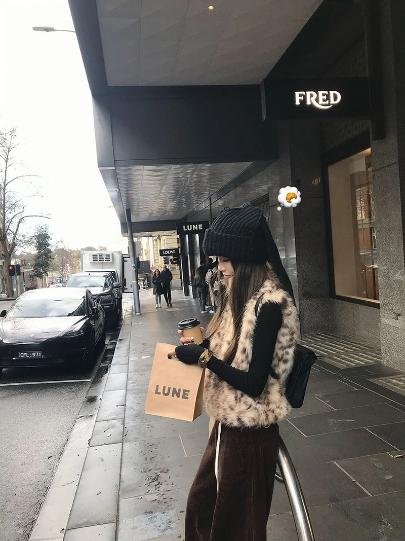 Chic Leopard Women Faux Fur Vest Stand Collar Fleece Jacket Sleeveless Winter Warm Plush Streetwear Retro Outerwear Top