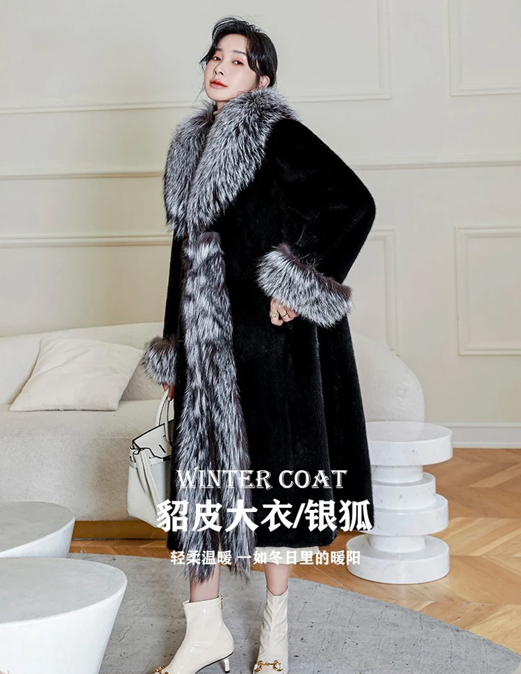 New women's warm fur coat winter leisure mink long coat loose windbreaker fox fur collar jacket