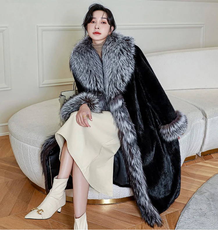 New women's warm fur coat winter leisure mink long coat loose windbreaker fox fur collar jacket