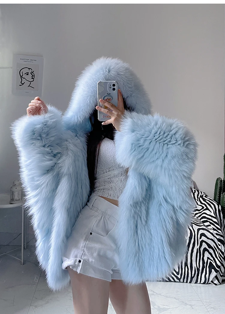 Lautaro Winter Shaggy Hairy Thick Warm Soft Colored Faux Fur Jacket Women with Hood Bat Sleeved Loose Casual Designer Clothes