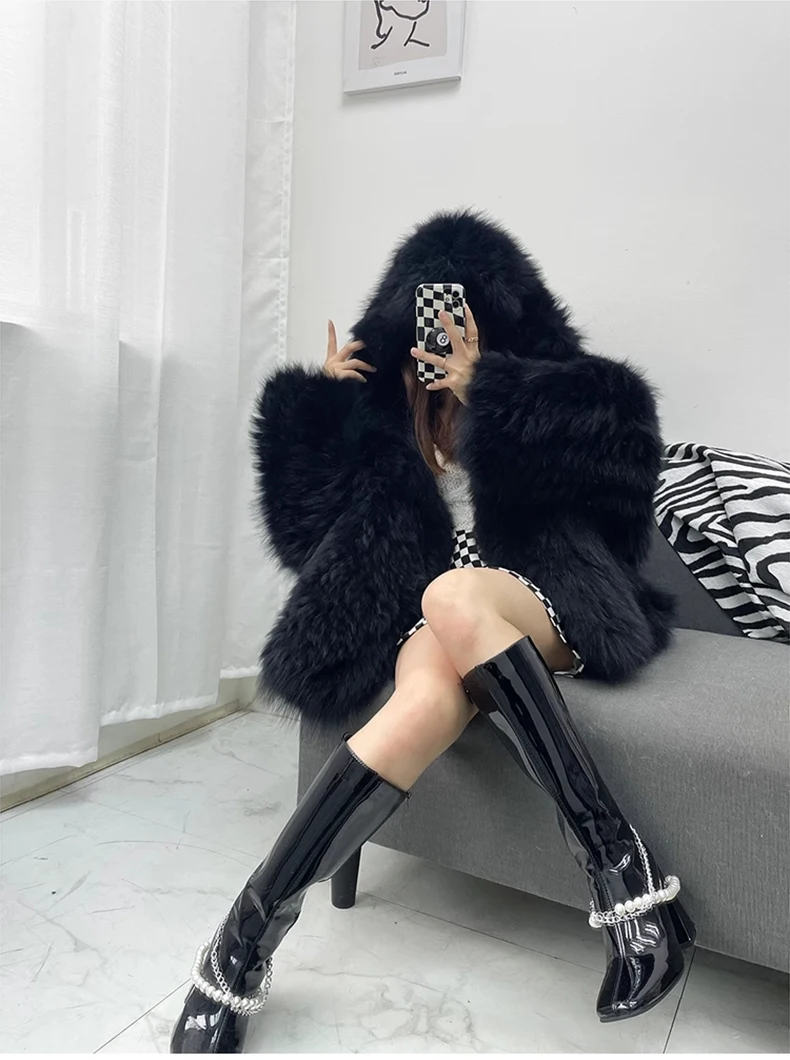 Lautaro Winter Shaggy Hairy Thick Warm Soft Colored Faux Fur Jacket Women with Hood Bat Sleeved Loose Casual Designer Clothes
