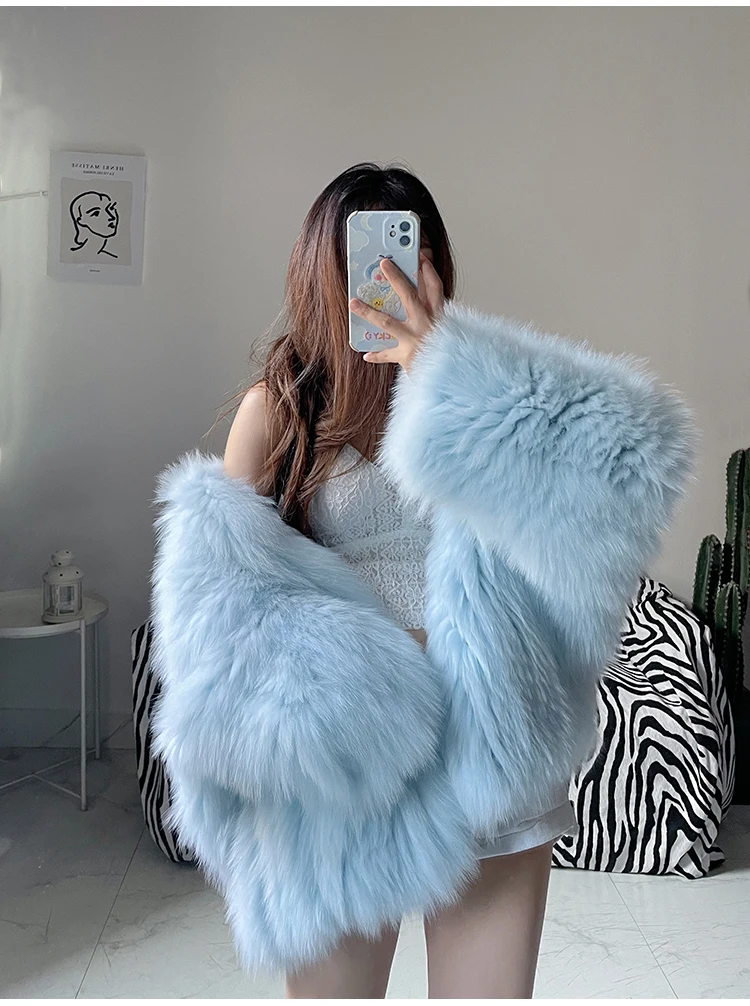 Lautaro Winter Shaggy Hairy Thick Warm Soft Colored Faux Fur Jacket Women with Hood Bat Sleeved Loose Casual Designer Clothes