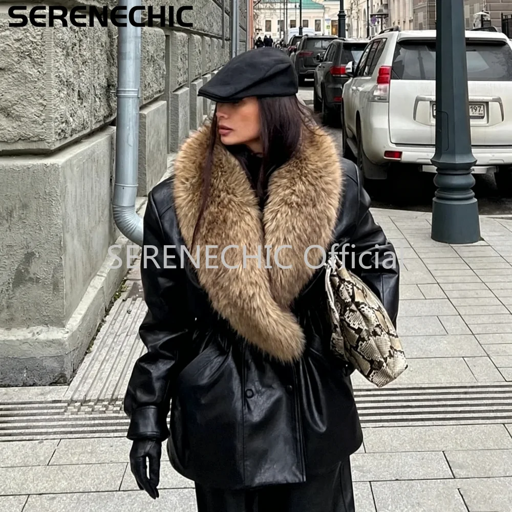 SERENECHIC Luxury Brand Fashion Design Black Faux Leather Coat Women Detachable Fur Collar Oversized PU Leather Jacket Blazer