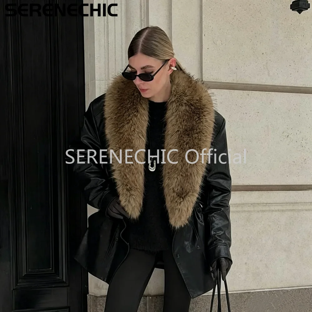 SERENECHIC Luxury Brand Fashion Design Black Faux Leather Coat Women Detachable Fur Collar Oversized PU Leather Jacket Blazer